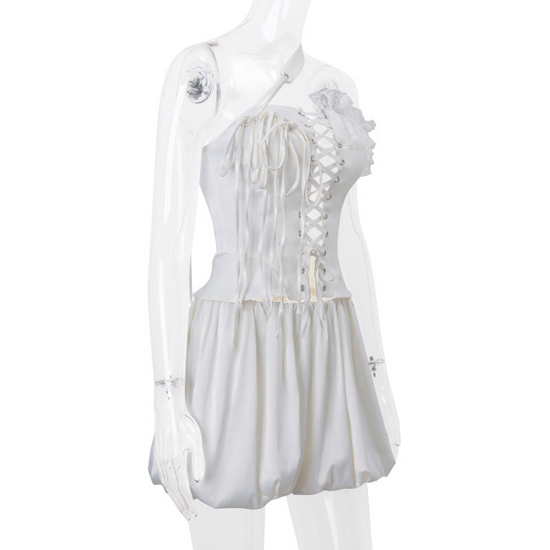 Autumn New Sexy Pure Desire Lace-up Waist Tube Top Temperament Half-length Puffy Skirt Outfit