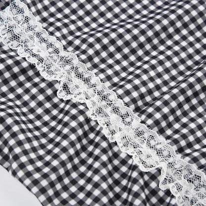 Plaid Patchwork Lace Trim Top