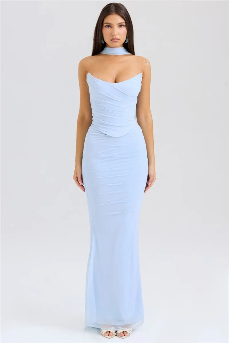 Blue Strapless Top and Maxi Skirt Set