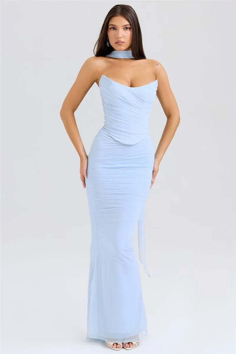 Blue Strapless Top and Maxi Skirt Set