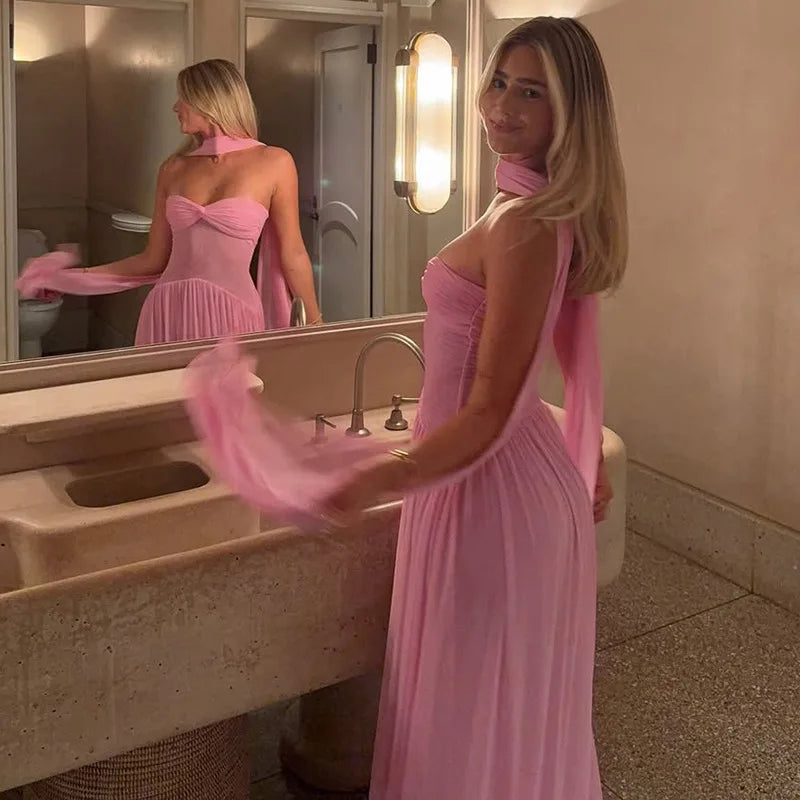Pink Mesh Ruffle Backless Maxi Dress