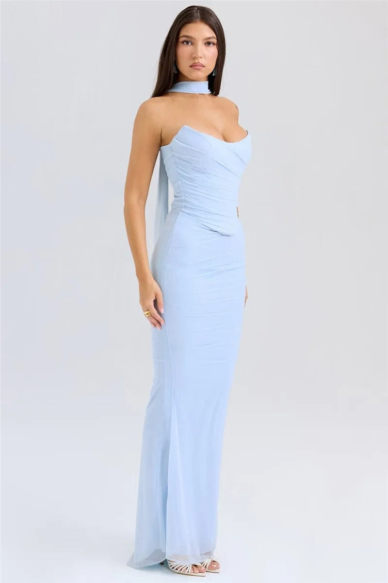 Blue Strapless Top and Maxi Skirt Set