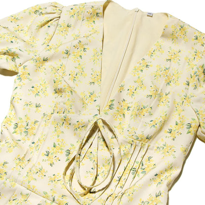 Yellow Floral V Neck Mini Dress