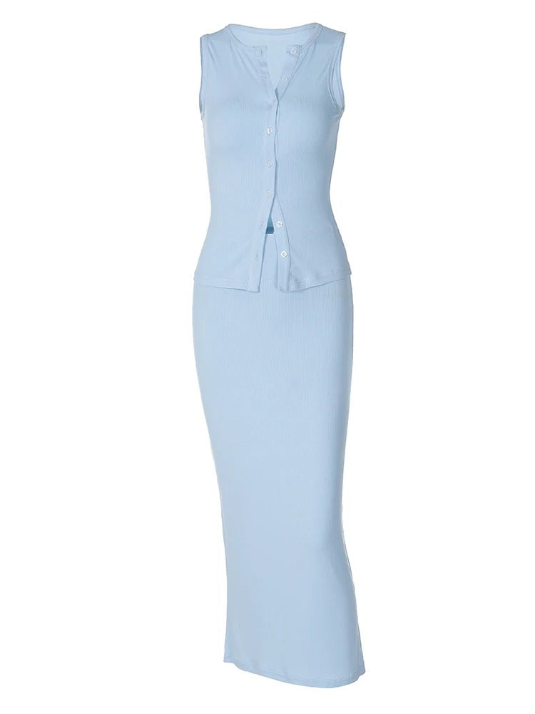 Matching Suit Ribbed Top Maxi Skirt Set