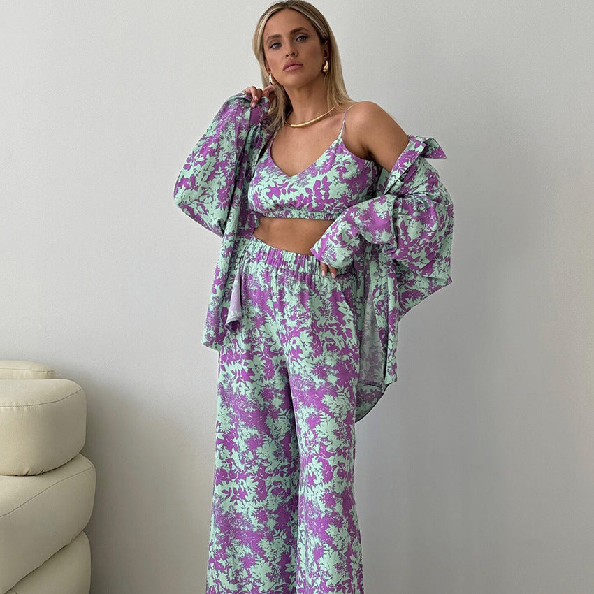 Printed Long-sleeved Underwear And Trousers Three-piece Set