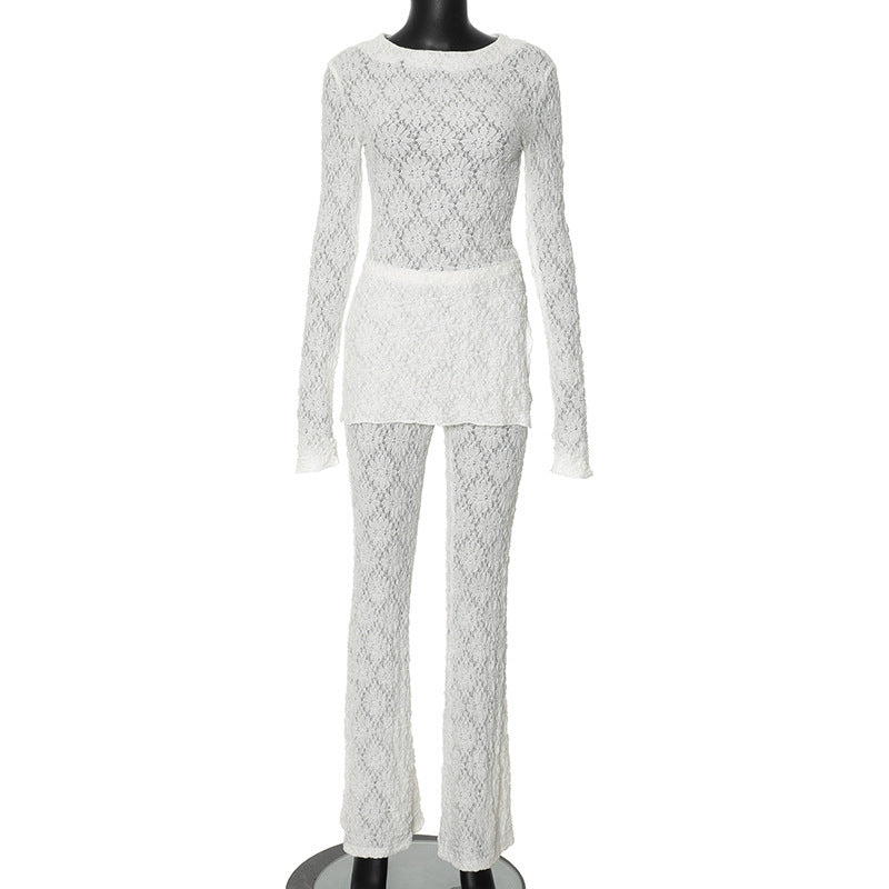 Solid Color Round Neck Long Sleeve Top High Waist Pants Suit