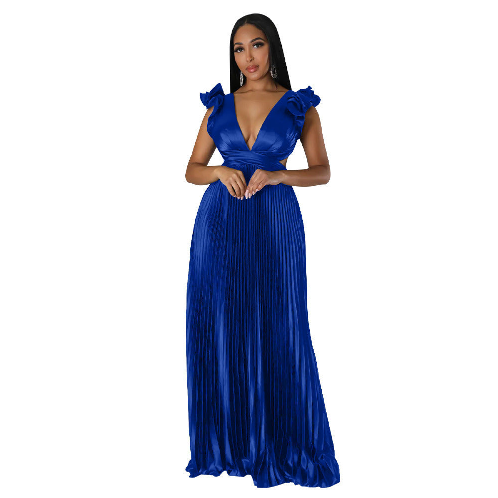 Faux Silk Back Deep V Pleated Dress