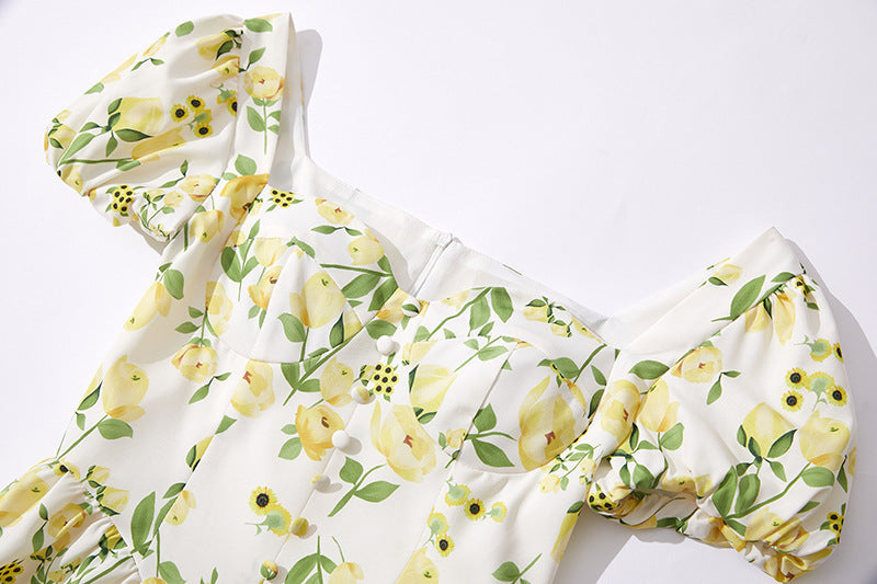Pastoral Floral High-grade Fishbone Tube Top Cinched Waist Short Skirt Square Collar Puff Sleeve High Waist Print Sweet Dress