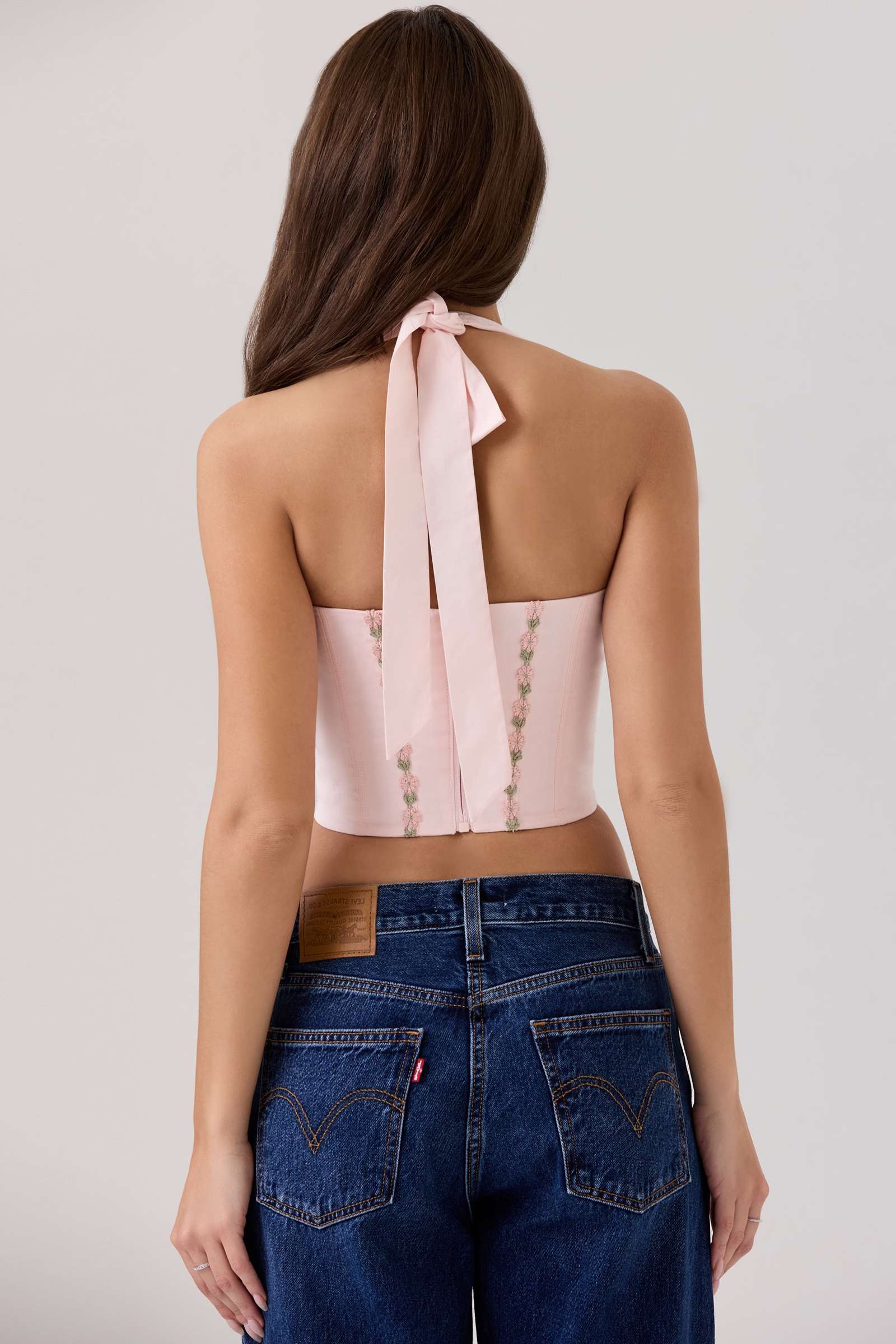 Pink Floral Embroidery Backless Corset Top