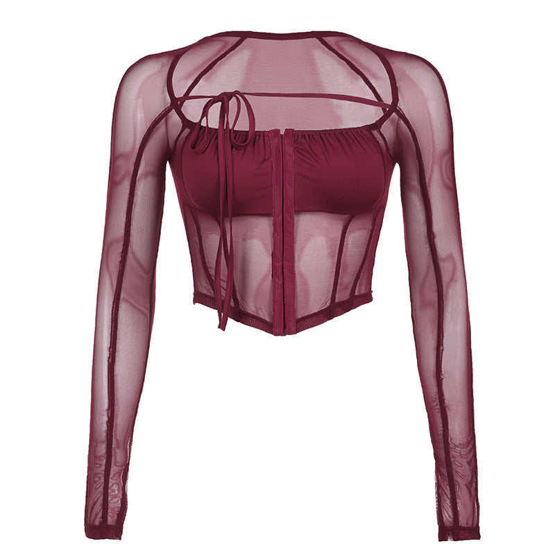 Mesh T-Shirt Woman Square-neck Long Sleeve Short Top