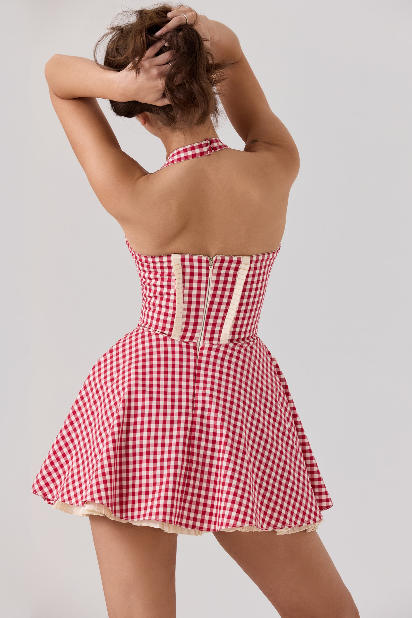 Red Plaid Backless Mini Dress