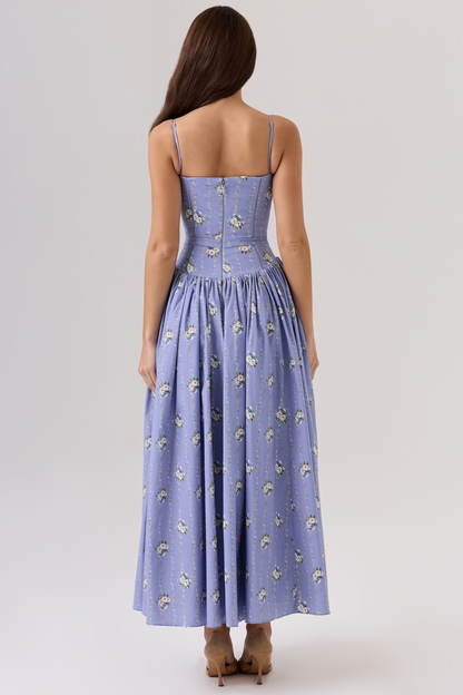 Blue A-Line High Waist Midi Dress