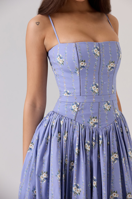 Blue A-Line High Waist Midi Dress