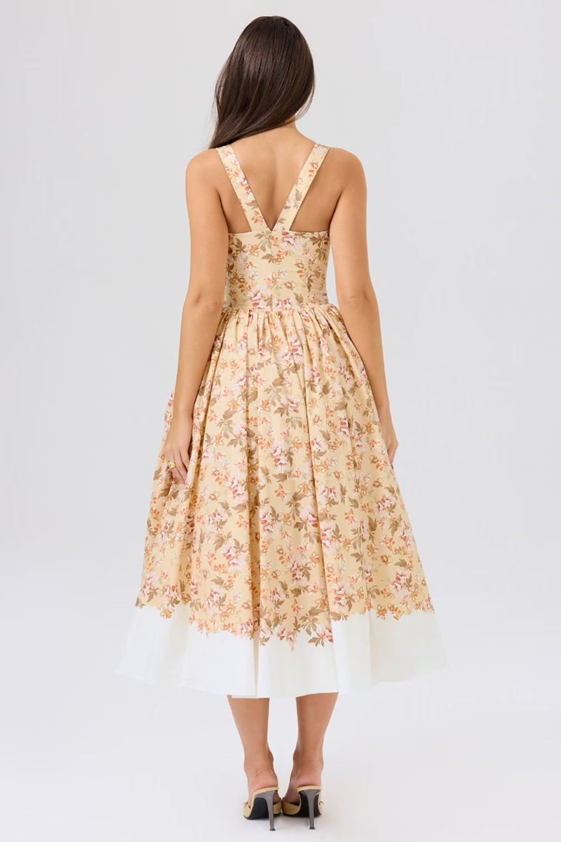 Yellow Floral Pleated Midi Dress