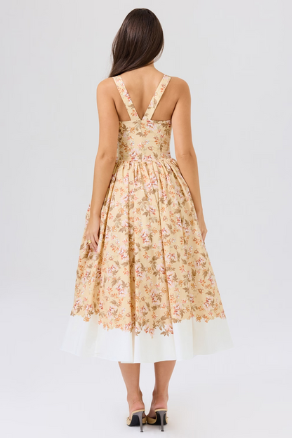 Yellow Floral Pleated Midi Dress