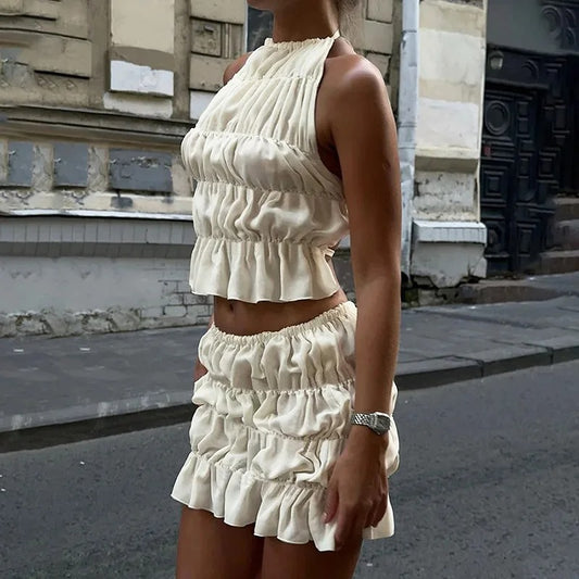 Ruched Two Piece Set Backless Camisole Mini Skirt