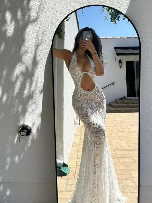 Lace Halter Dress Backless Sleeveless Hollow Wedding Dinner Bodycon