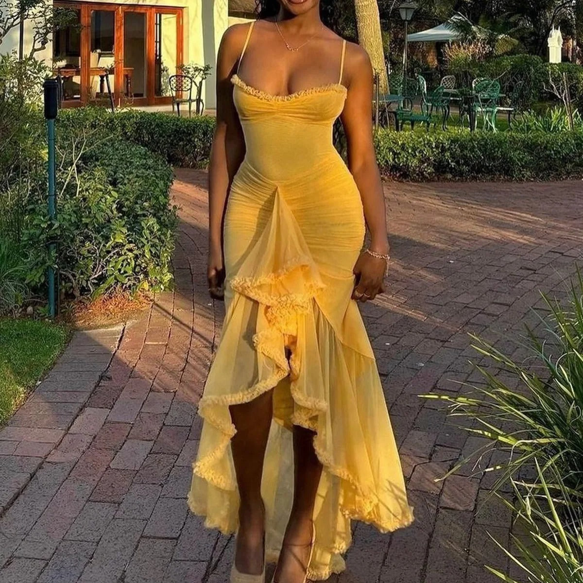 Yellow Ruffle Mesh Maxi Dress