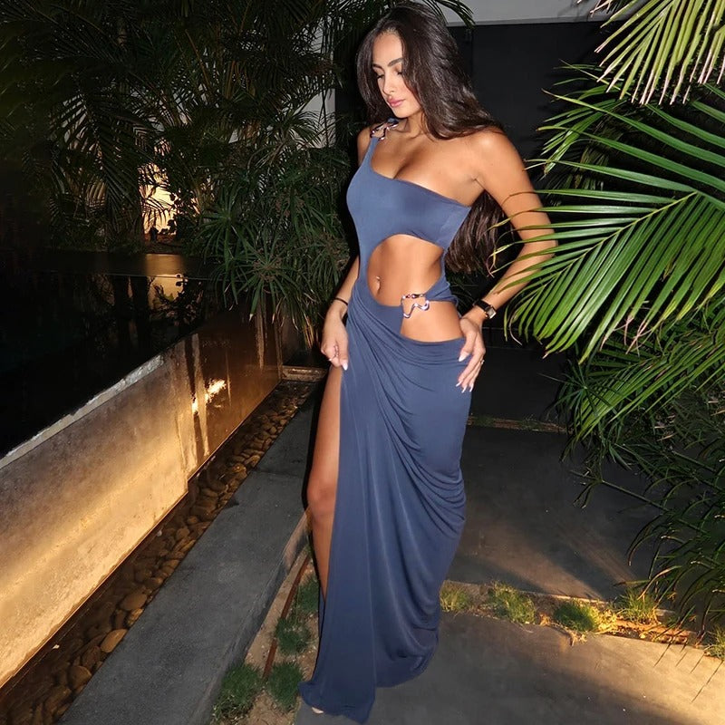 Blue One Shoulder Ruched Maxi Bodycon Dress