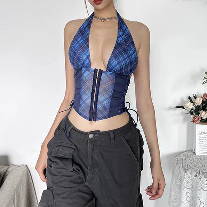 Plaid Print Deep V-Neck Halter Bandage Button Top