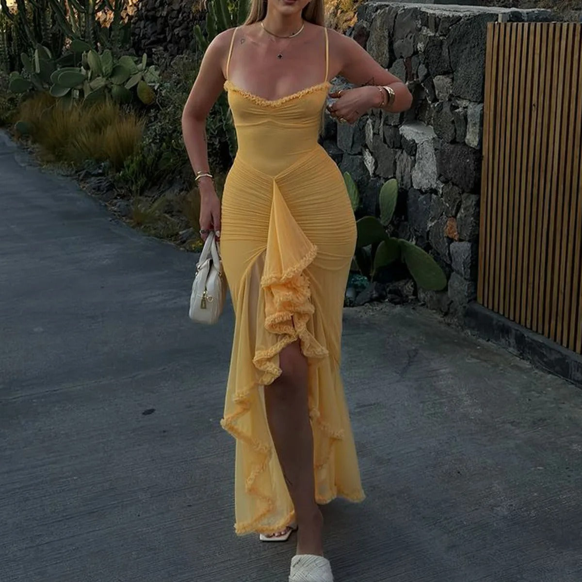 Yellow Ruffle Mesh Maxi Dress
