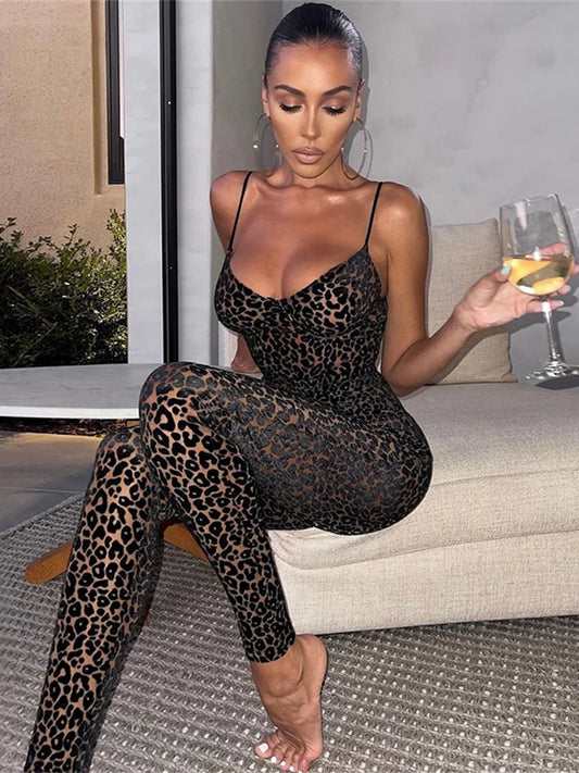 Flocking Mesh Jumpsuit Camis Leopard Patchwork Body-Shaping One Piece Attire