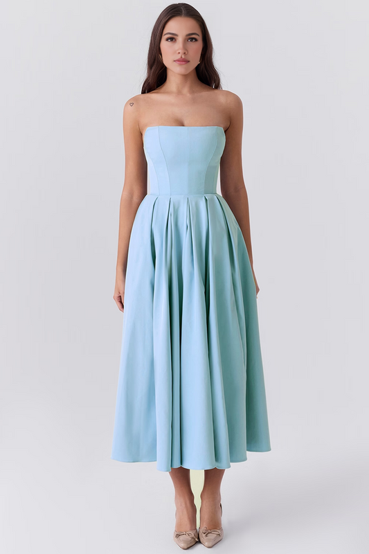 Blue Strapless Bodycon Midi Dress