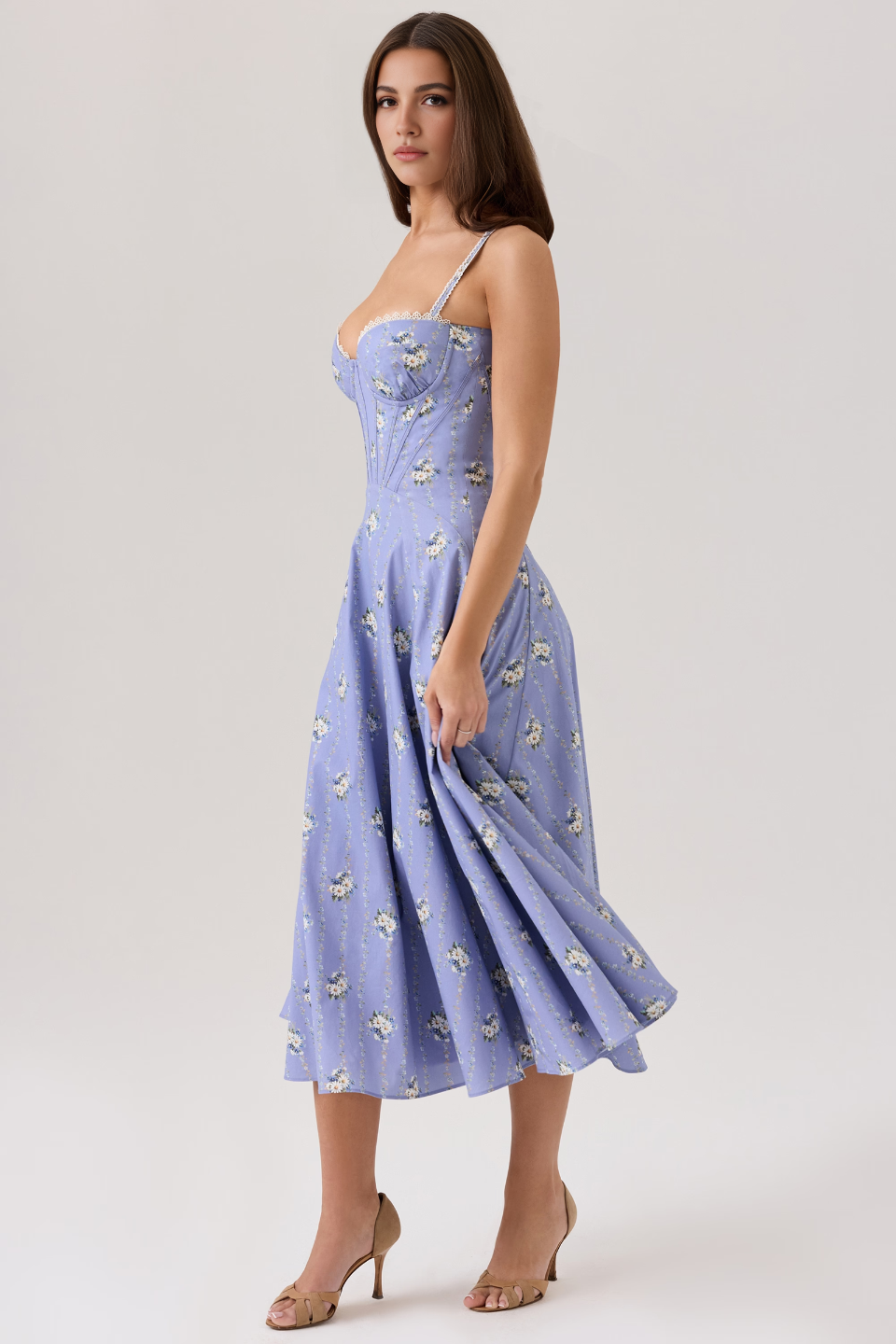 Blue Floral Corset Midi Dress