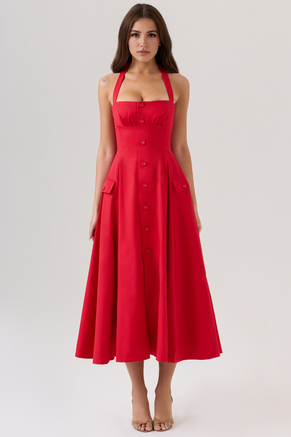 Red Floral Backless Midi Dress