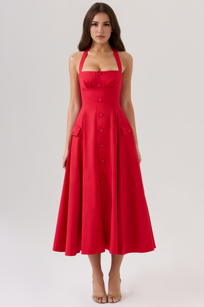 Red Floral Backless Midi Dress