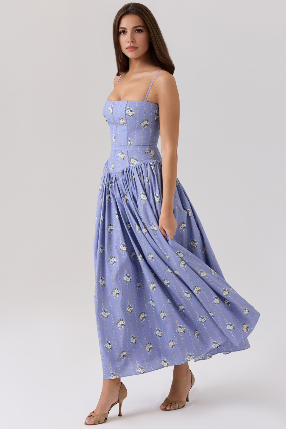 Blue A-Line High Waist Midi Dress