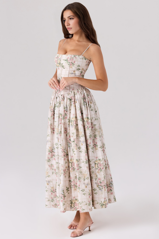 Beige Floral Midi Dress