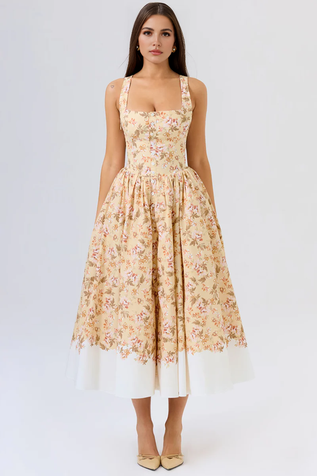 Yellow Floral Pleated Midi Dress