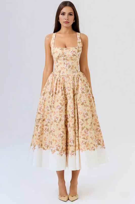 Yellow Floral Pleated Midi Dress