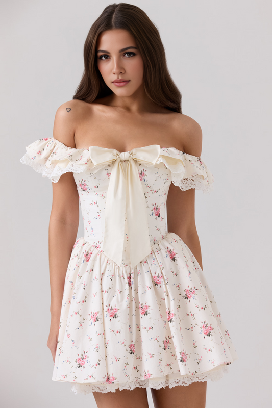 White Floral Off Shoulder A-line Mini Dress