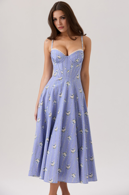 Blue Floral Corset Midi Dress