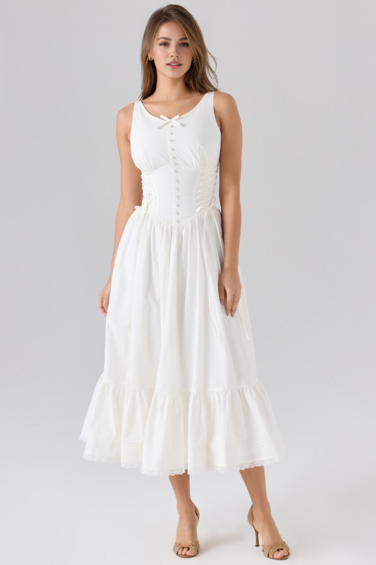 White A-Line High Waist Midi Dress