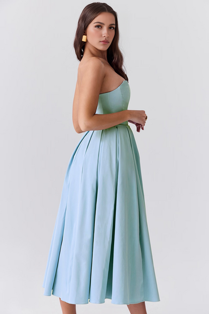 Blue Strapless Bodycon Midi Dress