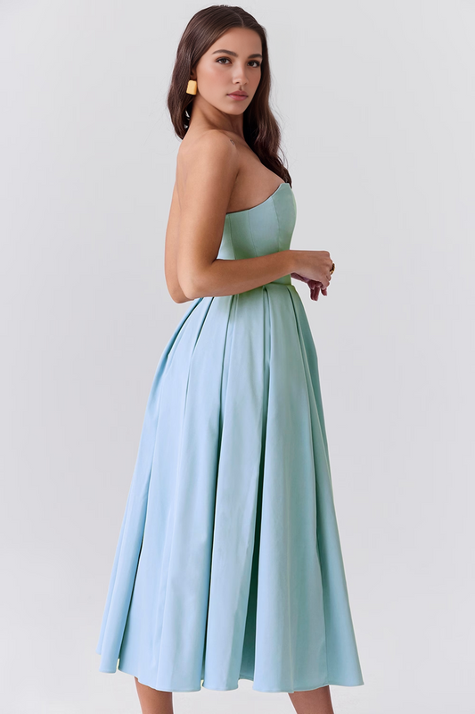 Blue Strapless Bodycon Midi Dress