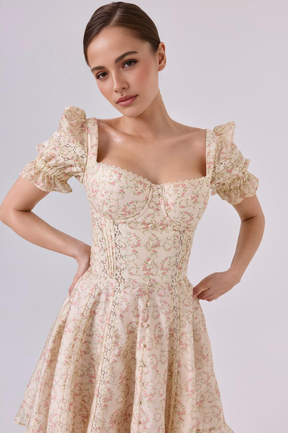 Cream Floral Fit & Flare Mini Dress