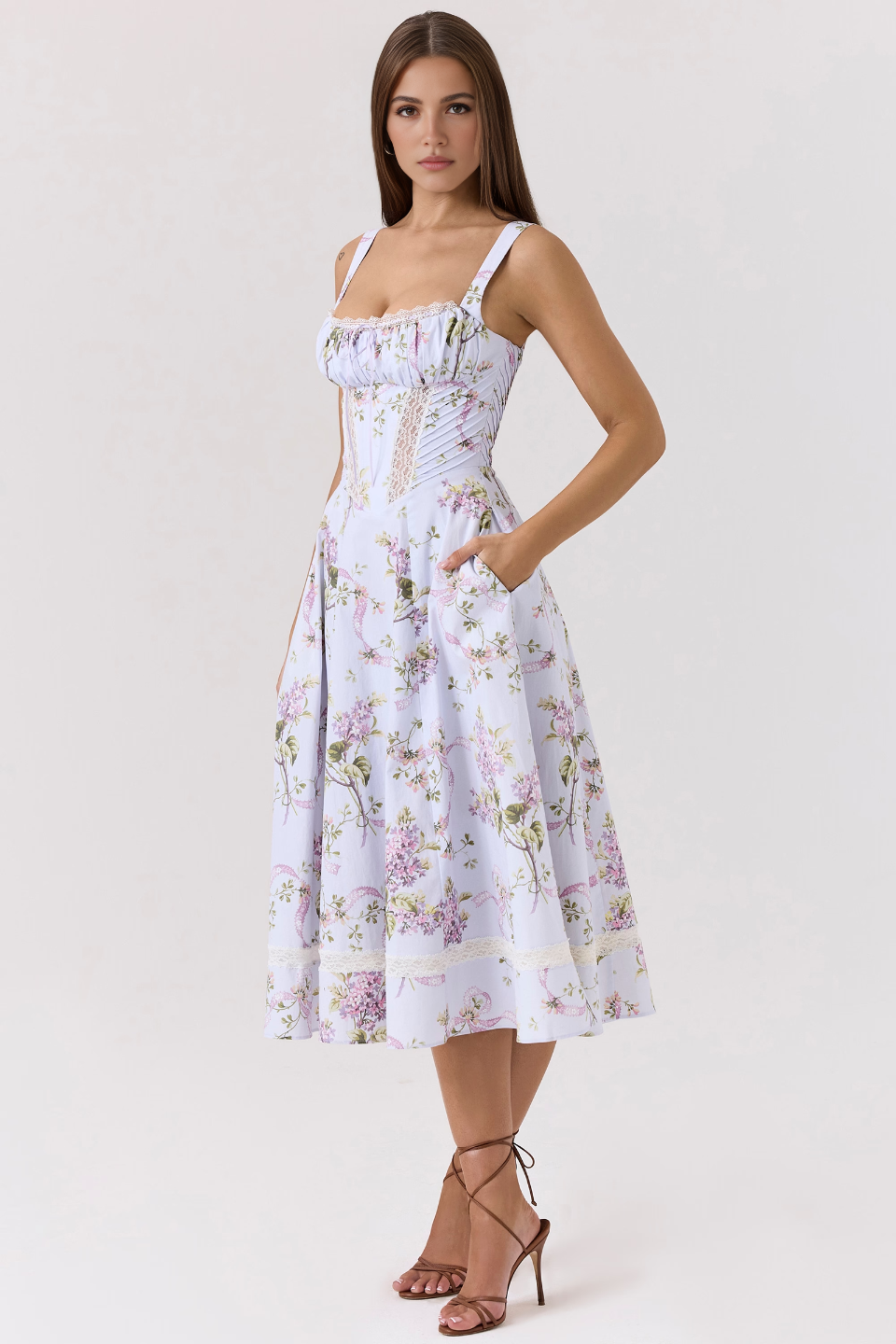 Purple Lace Patchwork Pockets Midi Dress