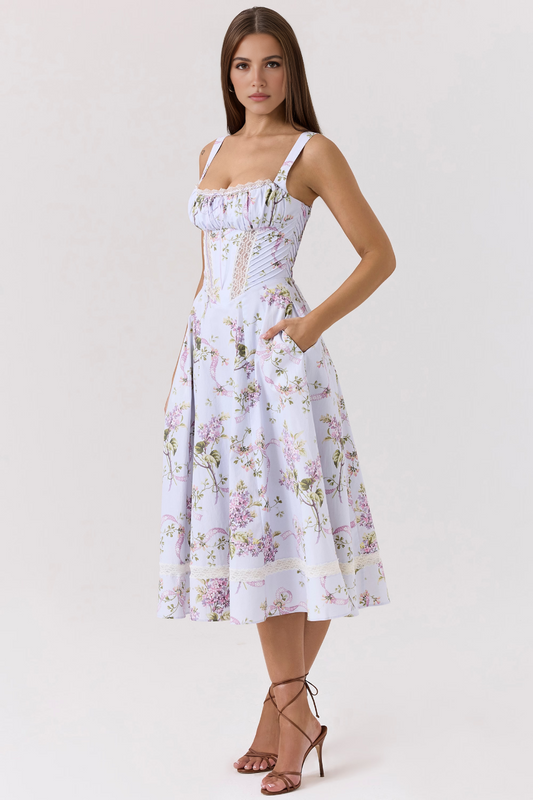 Purple Lace Patchwork Pockets Midi Dress