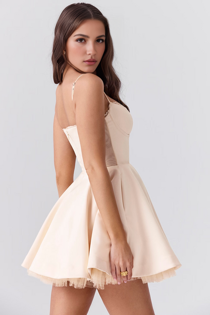 Beige Tulle A-Line Mini Dress