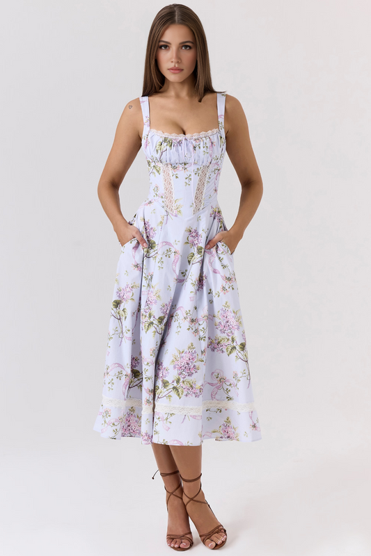 Purple Lace Patchwork Pockets Midi Dress