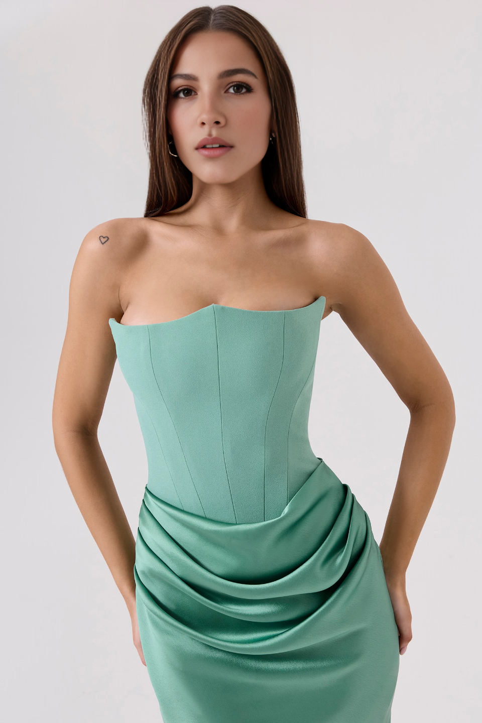 Green Satin Strapless Corset Maxi Dress