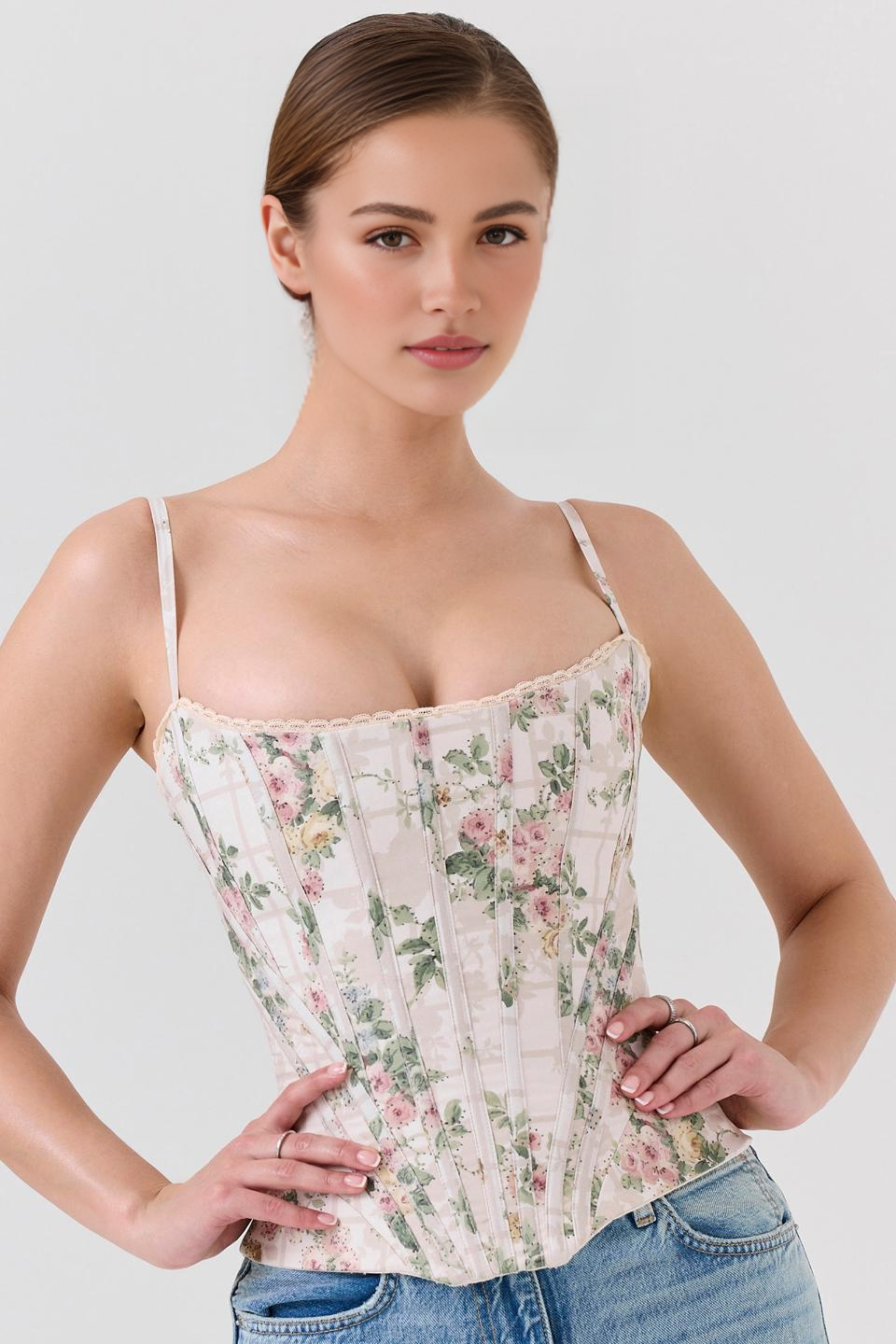 Beige Floral Corset Top
