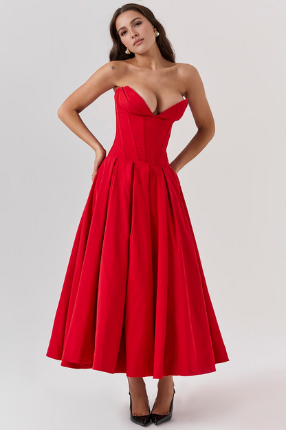 Red Strapless Corset Midi Dress