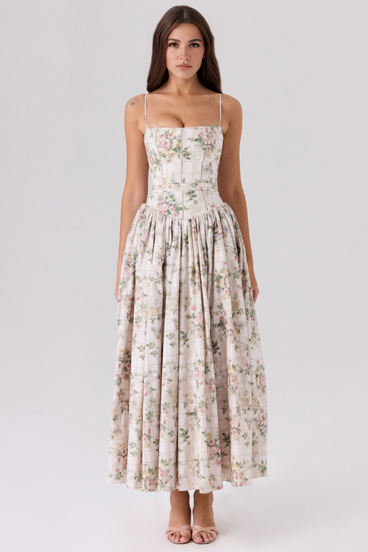 Beige Floral Midi Dress