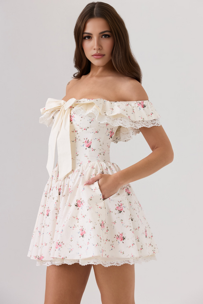White Floral Off Shoulder A-line Mini Dress
