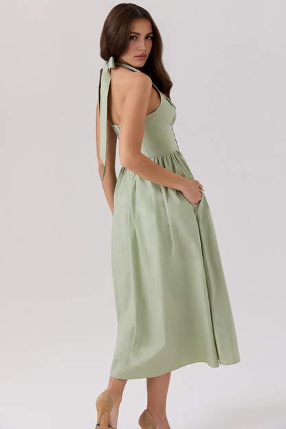 Green Floral Embroidery Backless Midi Dress